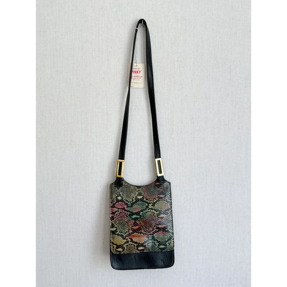 Vintage Bags by Pinky Snakeskin Crossbody Bag Small Black Multi Leather Gold